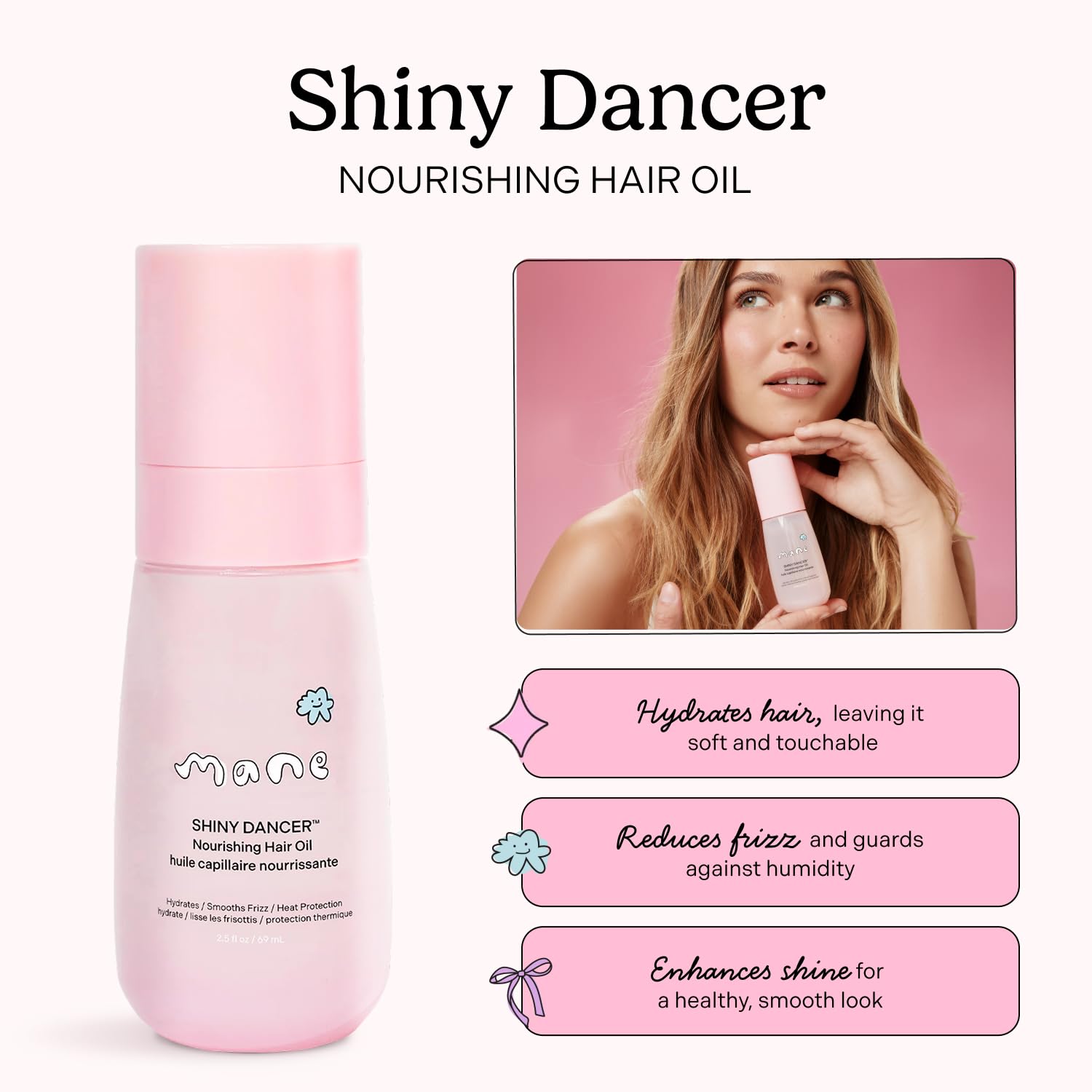 Mane Shiny Dancer Nourishing Hair Oil - Lightweight Hair Oil for Fine Hair, Anti Frizz & Shine - Heat Protection for Dry and Damaged Strands - Rose Lychee Vanilla Scent (2.5 Fl Oz)