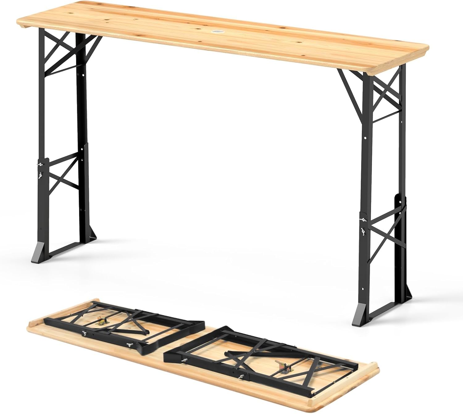 HAPPYGRILL Folding Picnic Table Outdoor Table with Umbrella Hole & 2 Adjustable Heights, Metal Frame Dining Table with Solid Wood Top for BBQ, Party, Camping