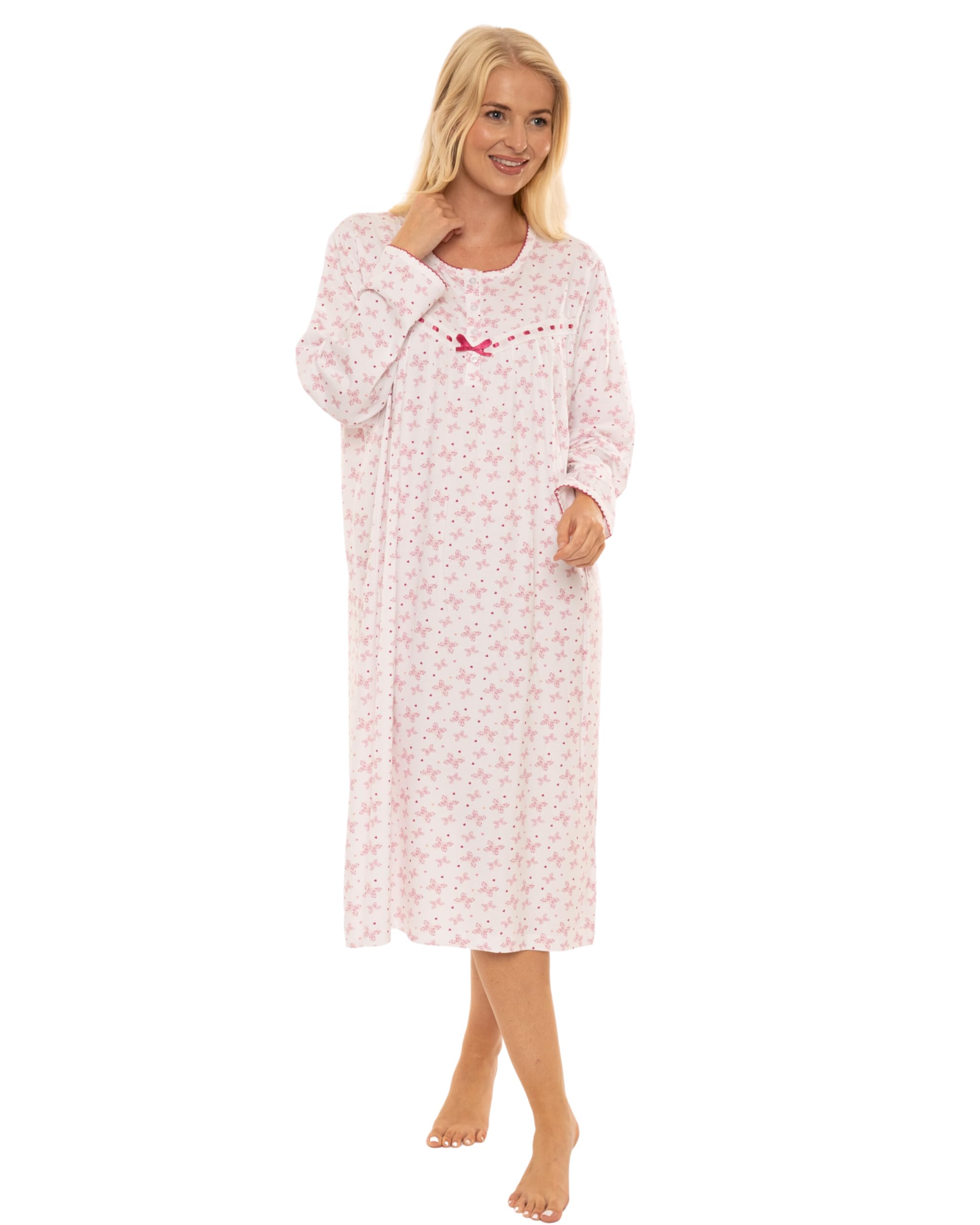 Suzy & Me Ladies Long Sleeved 100% Cotton Jersey Butterfly Print Nightdress. (CERISE, 16-18)