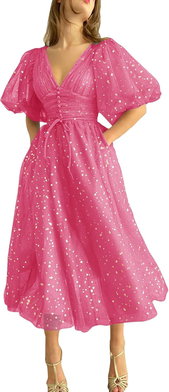 Xijun Women's Sparkle Starry Tulle A Line Puffy Sleeve Prom Dresses with Slit Formal Evening Party Gowns
