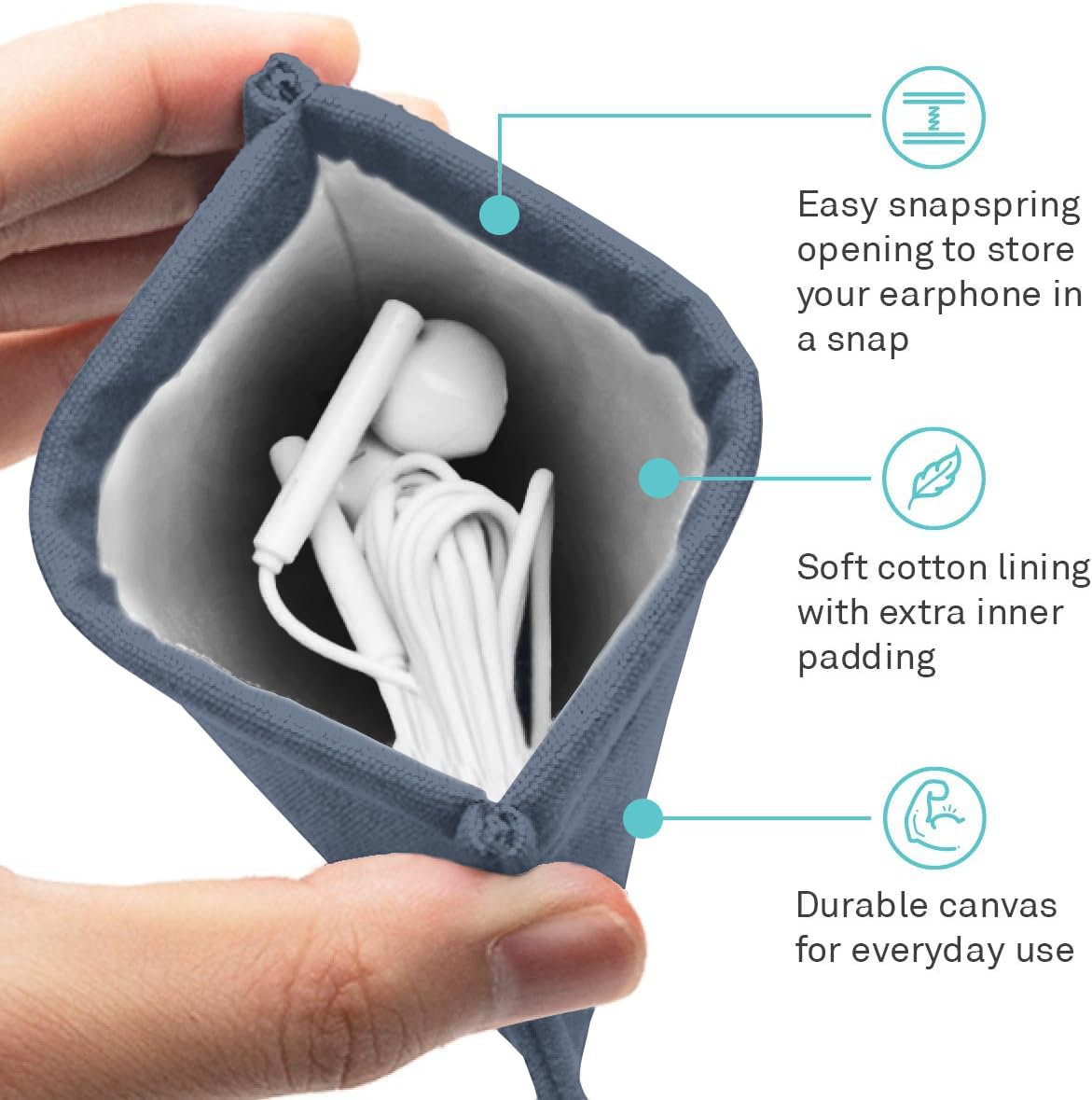 UT Wire Pocket Snap & Store Earphone Case Pouch, Slate Blue with Solid Grey Interior