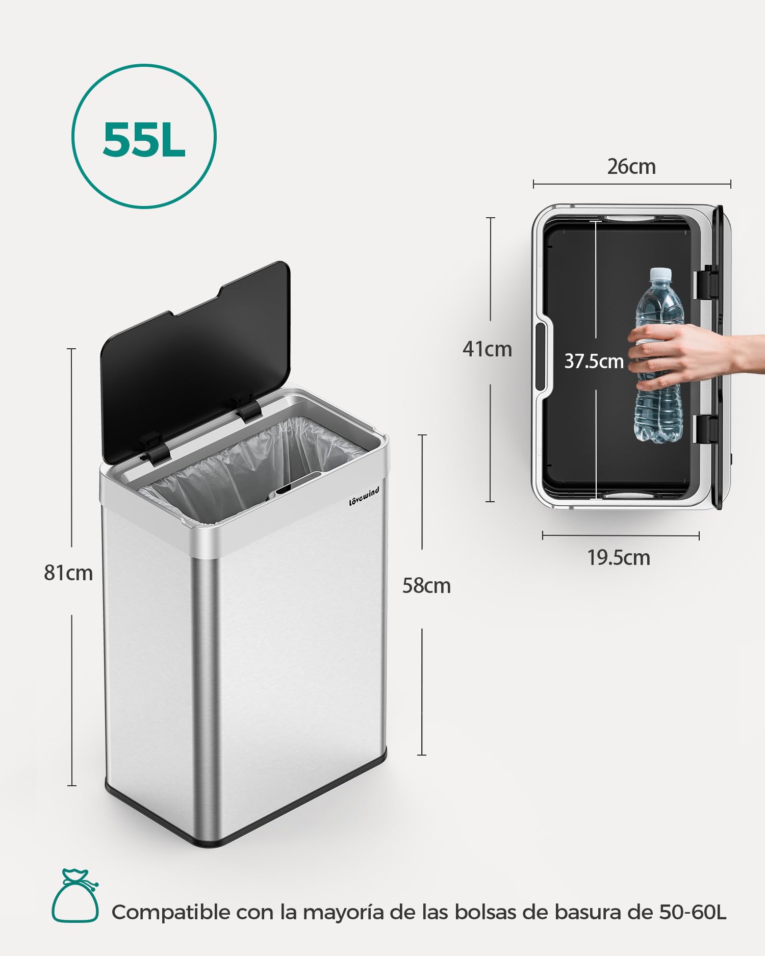 lovewind Cubo de Basura Cocina con Sensor 55L, Cubo Basura Automático Recargable con Puerto USB-C, Cubo de Basura Inteligente de Acero Inoxidable con Tapa, para Cocina y Oficina, Plata