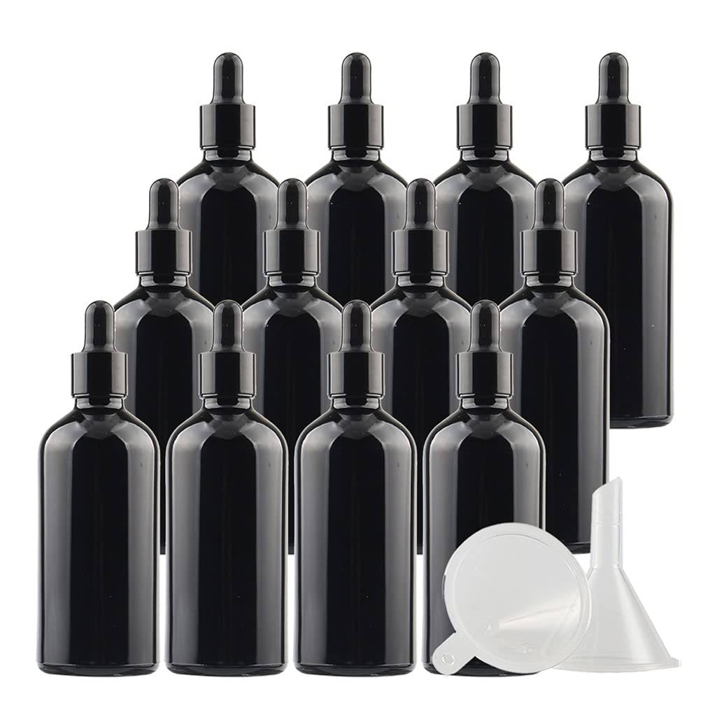 12 Pieza,Botella de Aceite Esencial Negro brillante de 100 Ml, Fácil de Llenar, Botellas de Cristal con anillo de Negro y pipeta,para Aceite Esencial, Masaje,Fragancia, Aromaterapia