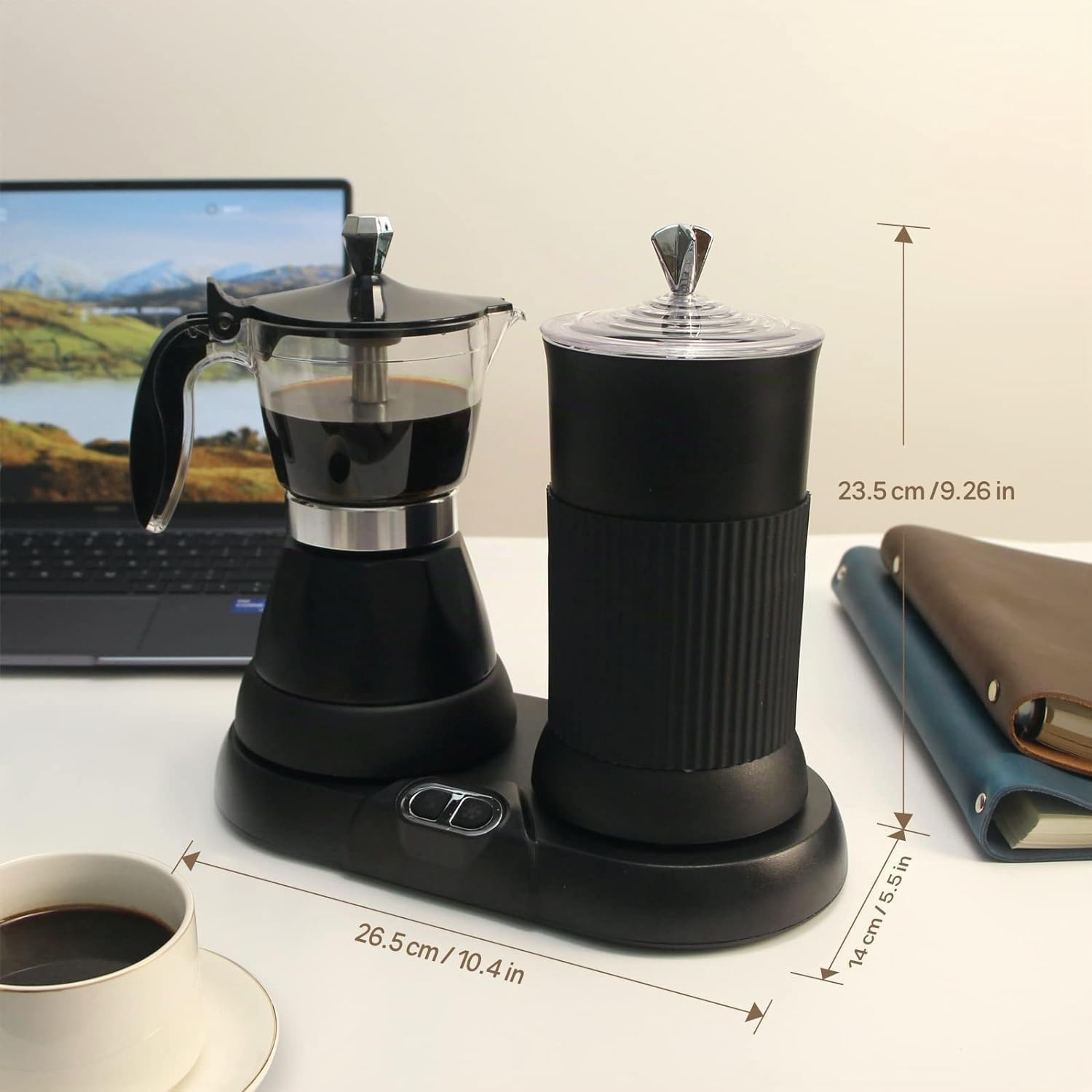 Cafetera italiana con espumador de leche y vaporizador de 5 tazas 2 en 1, juego de café moca para capuchino, moca, latte macchiato (negro)