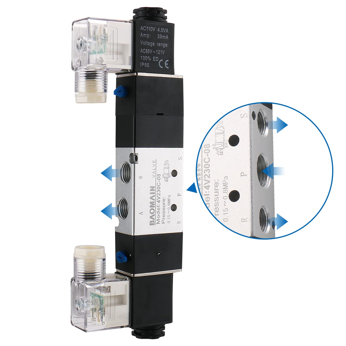 Baomain Pneumatic Solenoid Air Valve 4V230C-08 DC 12V 5 Way 3 Position PT1/4 Internally Piloted Acting Type Double Electrical Control Midst Closed