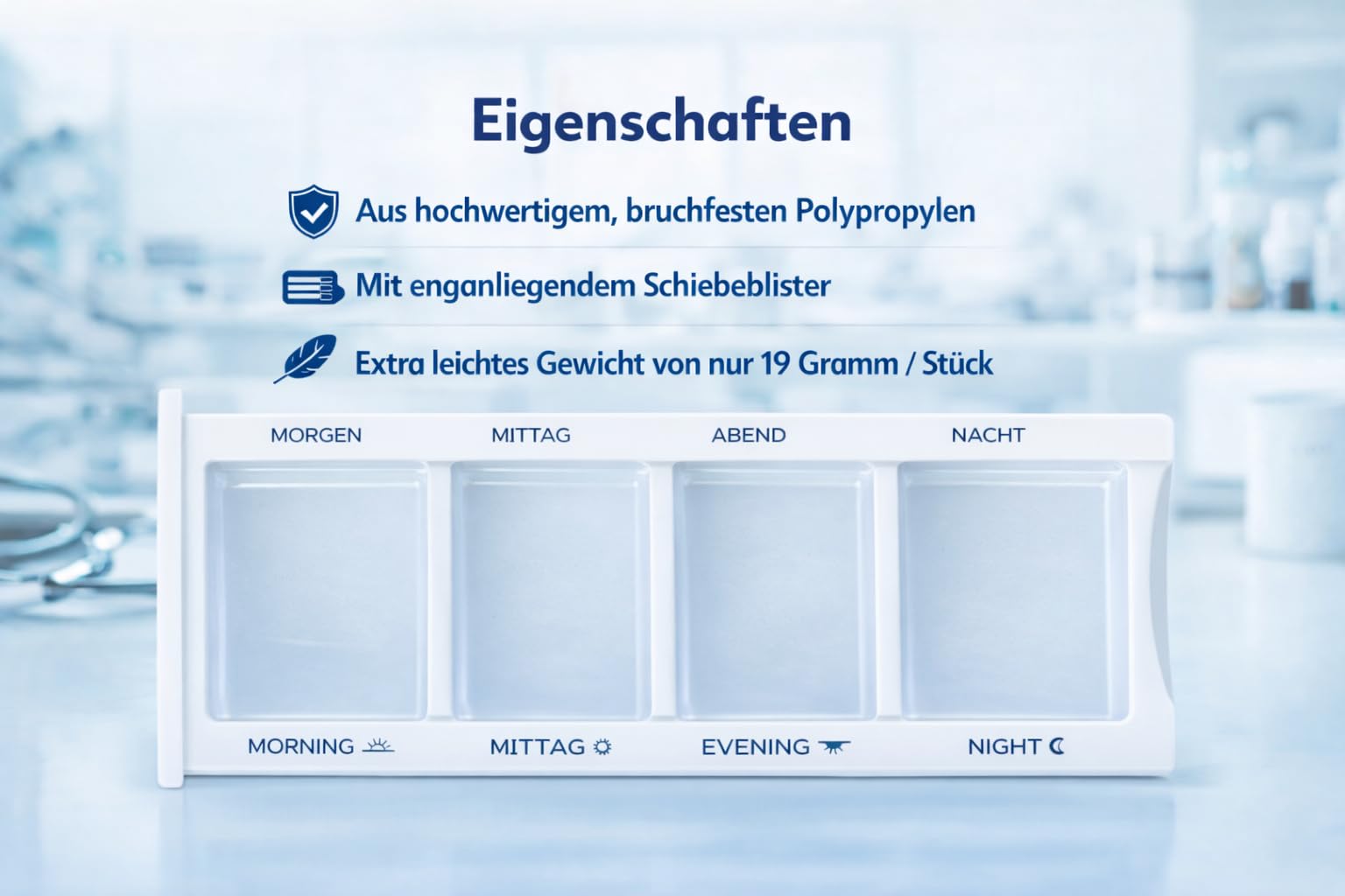 190 sztuk dozowników leków XL, biały, polipropylen, dozownik tabletek, lekarstwa, pudełko na tabletki, rano, południe, wieczorem, pudełko na leki z 4 bardzo dużymi przegródkami