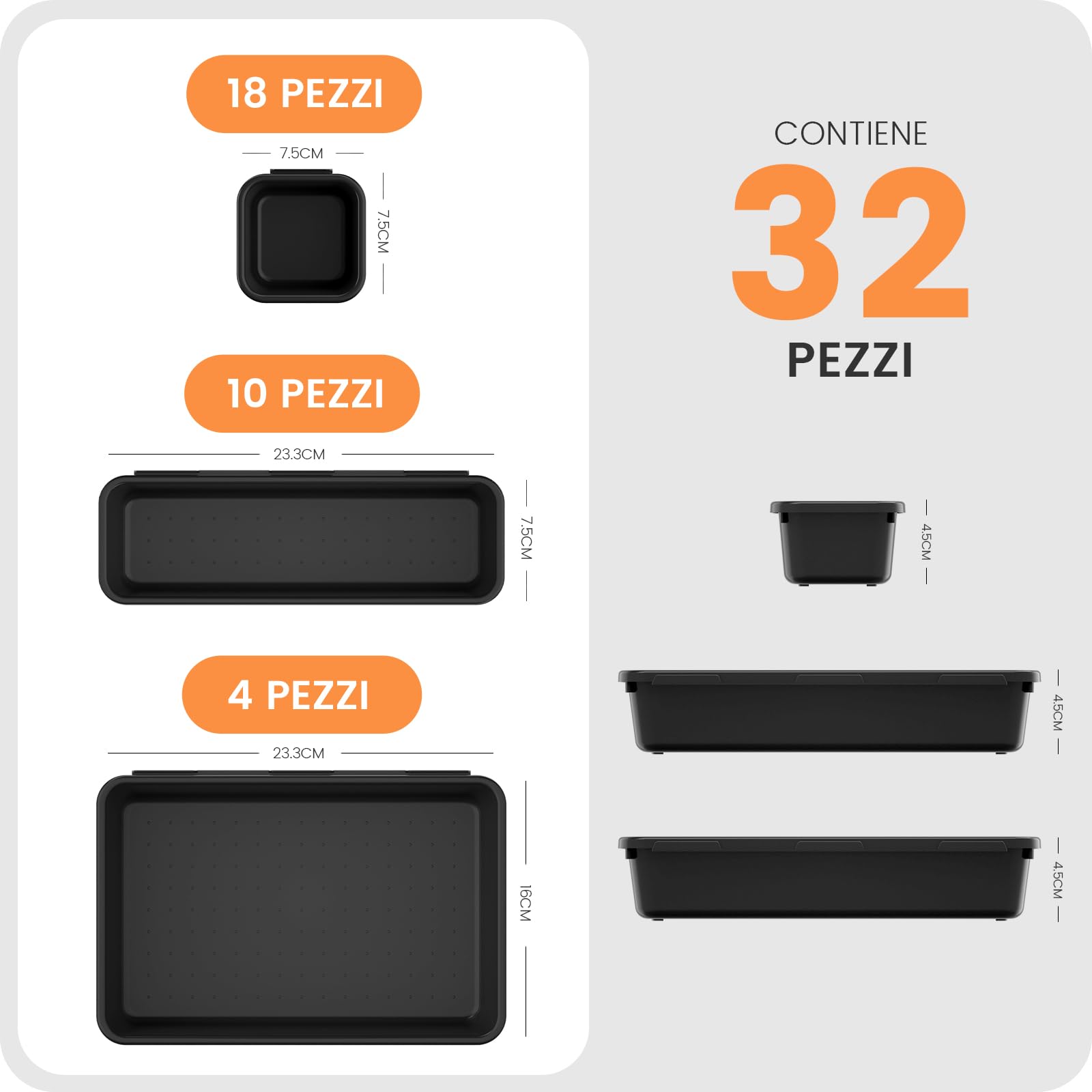 A-LuGei 32 Pezzi Nero Organizer Cassetti Cucina, Plastica Scatole Portaoggetti Trucchi Scrivania, Bagno Divisori per Cassetti Organizzatore, Ufficio Separatori Vassoi per Cassettiera Scrivania