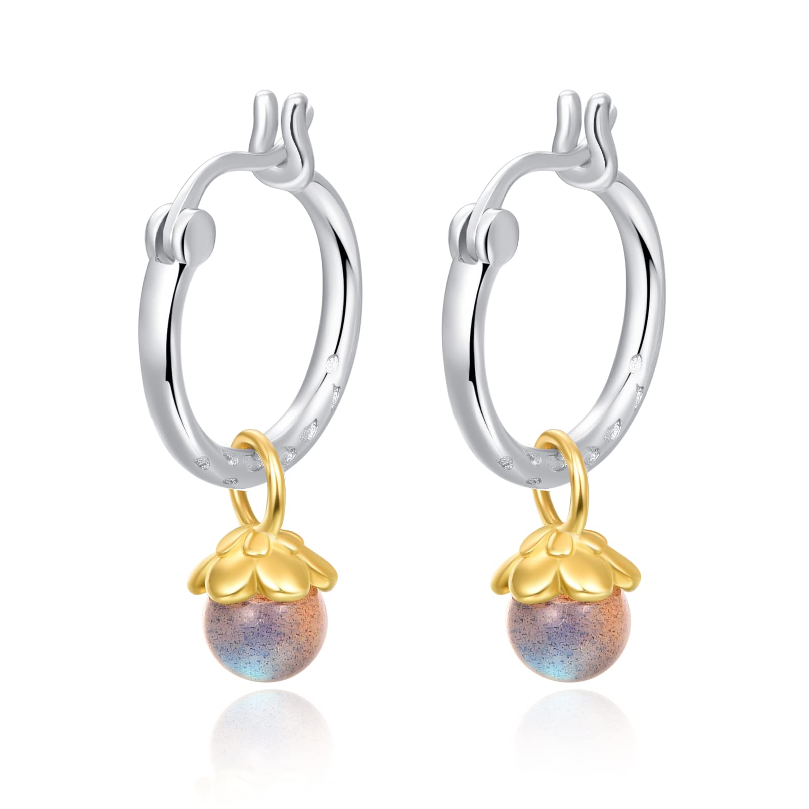 KINGWHYTE Orecchini a cerchio da donna con pietra di luna in argento 925, fiori d'oro con pietre arcobaleno, ciondolo rimovibile, tre in uno, possono essere semplici orecchini, Argento sterling