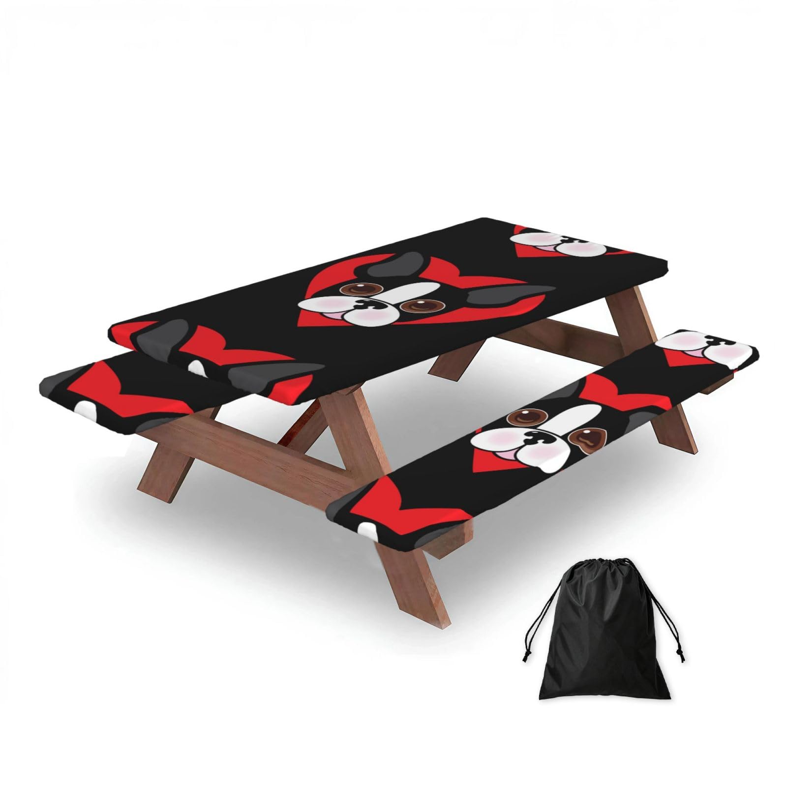 Dopklna As Picture Boston Terrier Face, Picnic Table Cover With Bench Covers -Waterproof Elastic Fitted Tablecloth For Garden Camping Patio 76X152cm