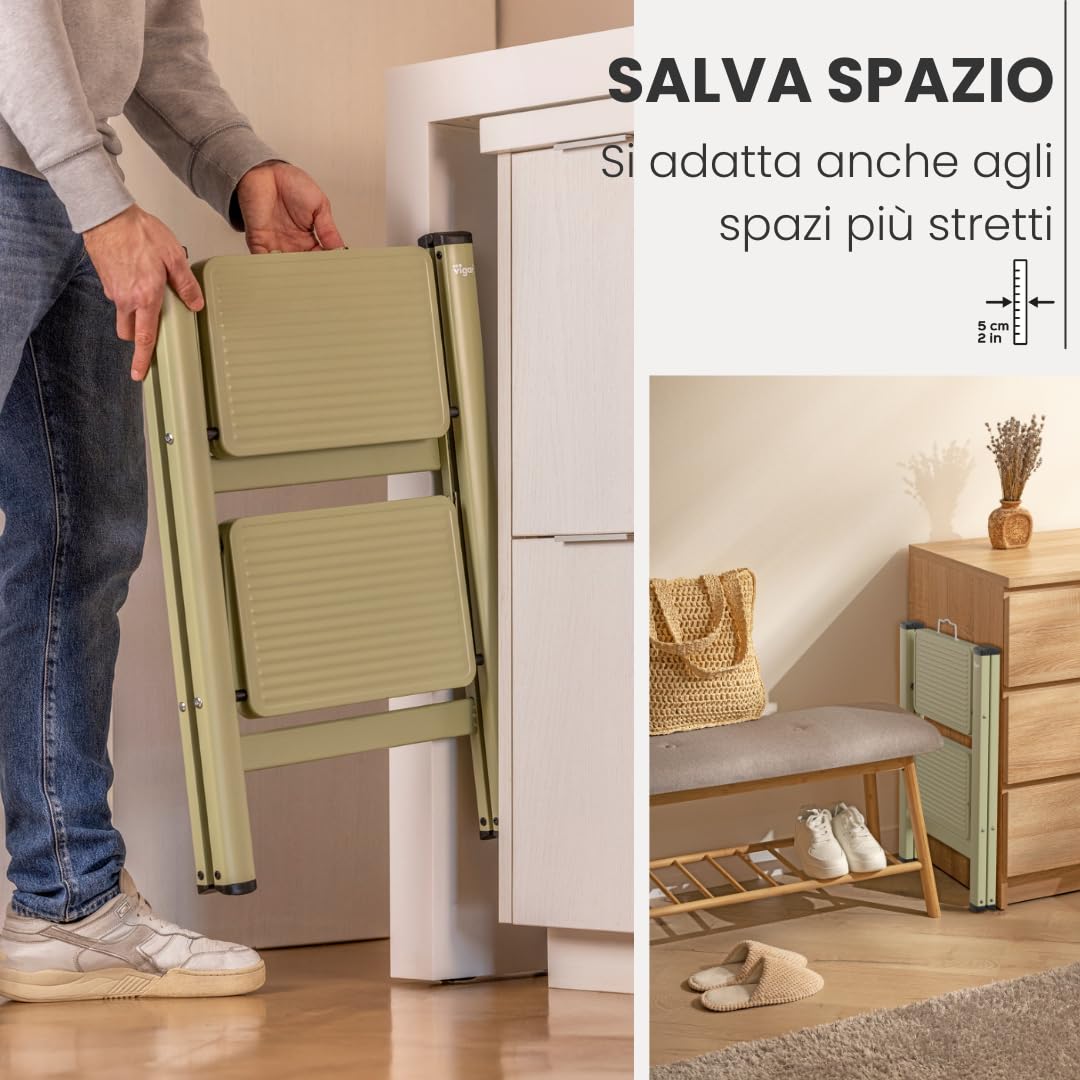 Vigar Scaletta a due gradini, pieghevole fino a 150 kg, leggera, in acciaio antiscivolo, con manico in metallo, scala pieghevole per la casa, Verde | Scaletta leggera in acciaio antiscivolo con manico in metallo, scala pieghevole per casa, sgabello a 2 gr