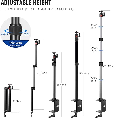 Miniatura 10 de NEEWER Soporte de montaje para cámara de mesa con brazo de extensión telescópico de 2 secciones, soporte para teléfono, cabezales de bola,