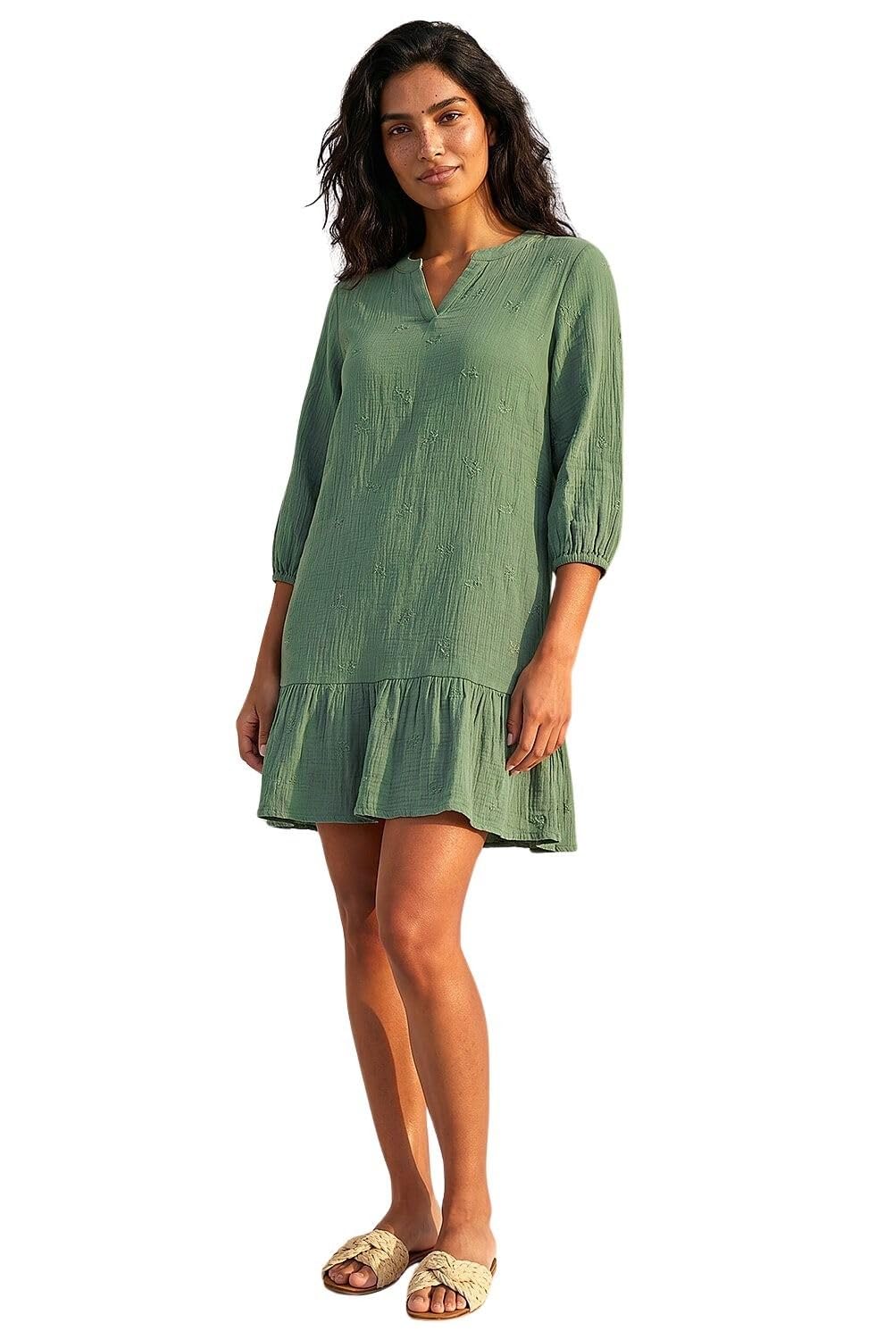 Roman Women's Textured V-Neck Smock Dress in Khaki | Size: 14