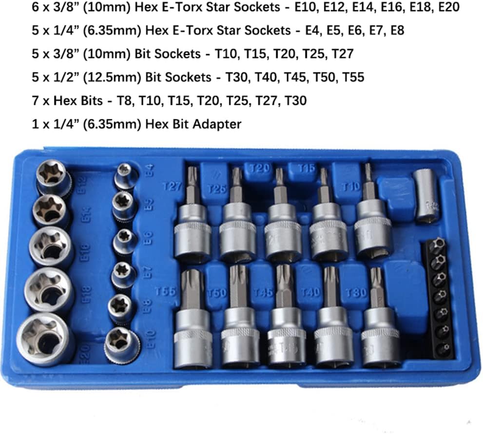 LSHK 29 Pcs Torx Star Bit Socket Set, Metric Hex Bit Sockets Set, 1/4