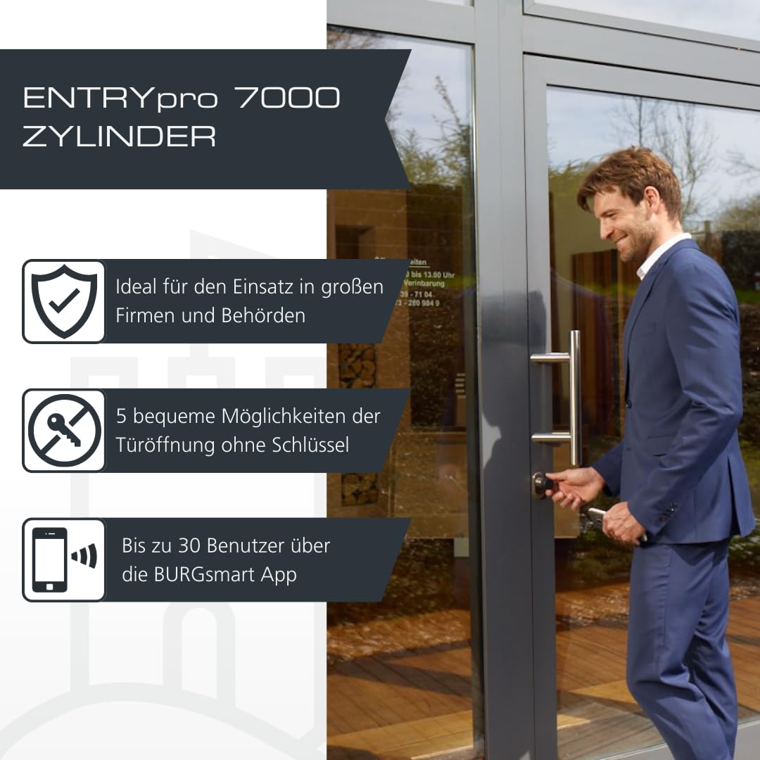BURG-WÄCHTER Elektronischer Türzylinder, Öffnung mit App, Pincode, Fingerabdruck, Aktiv- oder Passivtransponder, Gewerbe- und Privatnutzung, ENTRYpro 7000 ZYLINDER, Schwarz/Aluminium
