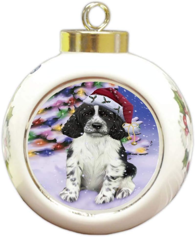 Santa Sleeping with English Springer Spaniel Dog and Puppies Round Ball Ornament - Pet Decorative Hanging Ornaments for Christmas X-mas Tree Decorations - 3" Round Ceramic Ornament D432