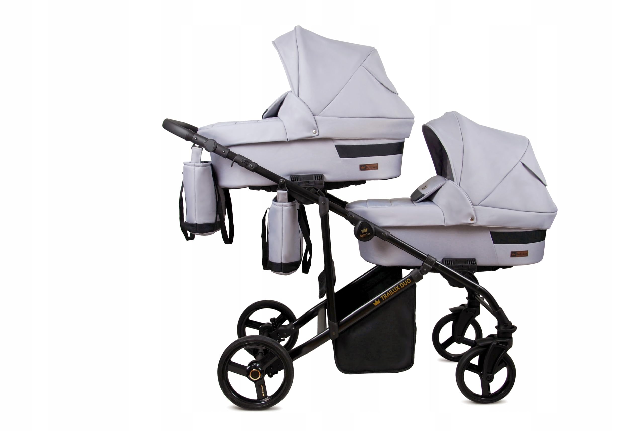 BabyLux® Bambini Passeggino per gemelli Completo Set 4 in 1 - Duo | Silver - incl. Navicella, Canna, Seggiolino Auto, ISOFIX Base - Carrozzina Neonati Sistema Combinato - con Borsa fasciatoio ecc.