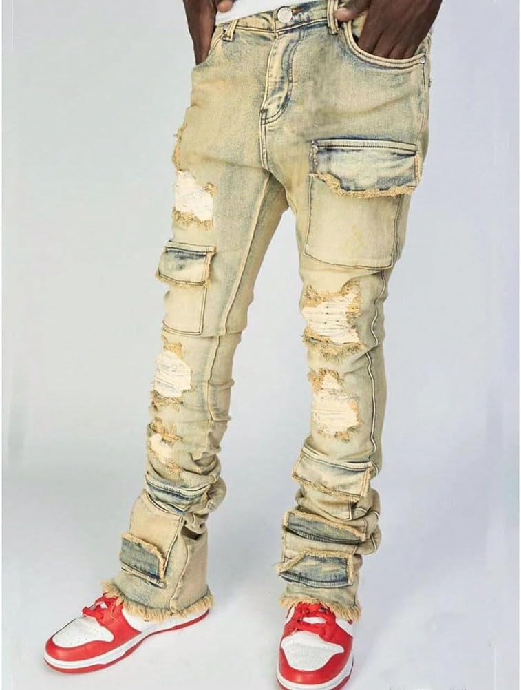 Mens Skinny Straight Leg Stacked Jeans Ripped Distressed Cargo Denim Pants - Image 2