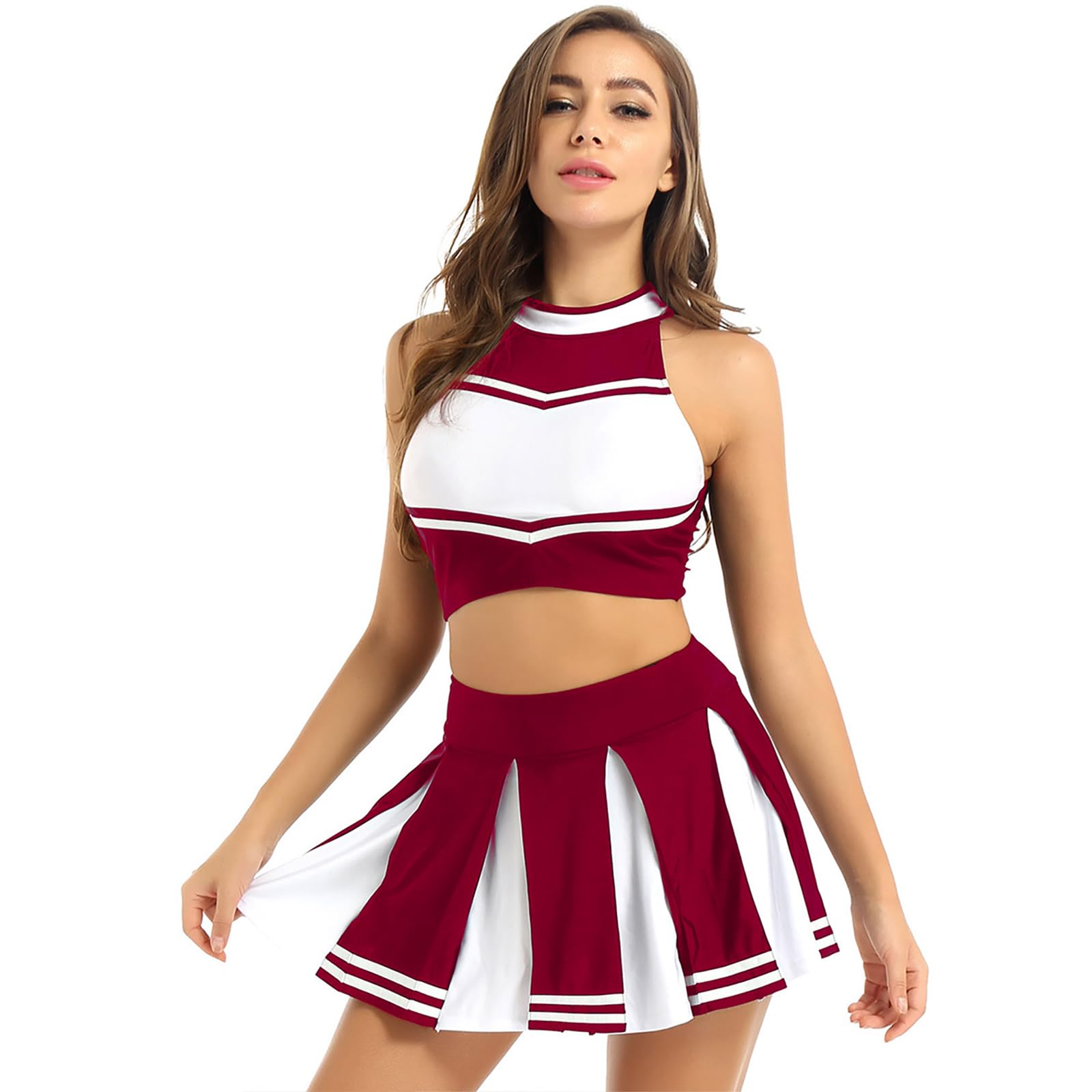 Sexy Mujer Cheer Cosplay Dance Outfit Stand Collar Top con Falda Plisada