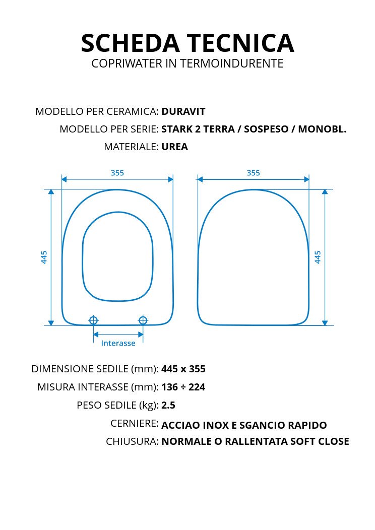 Copriwater per DURAVIT STARK 2 TERRA/SOSPESO/MONOBLOCCO TERMOINDURENTE BIANCO cerniera inox normale o rallentata soft close