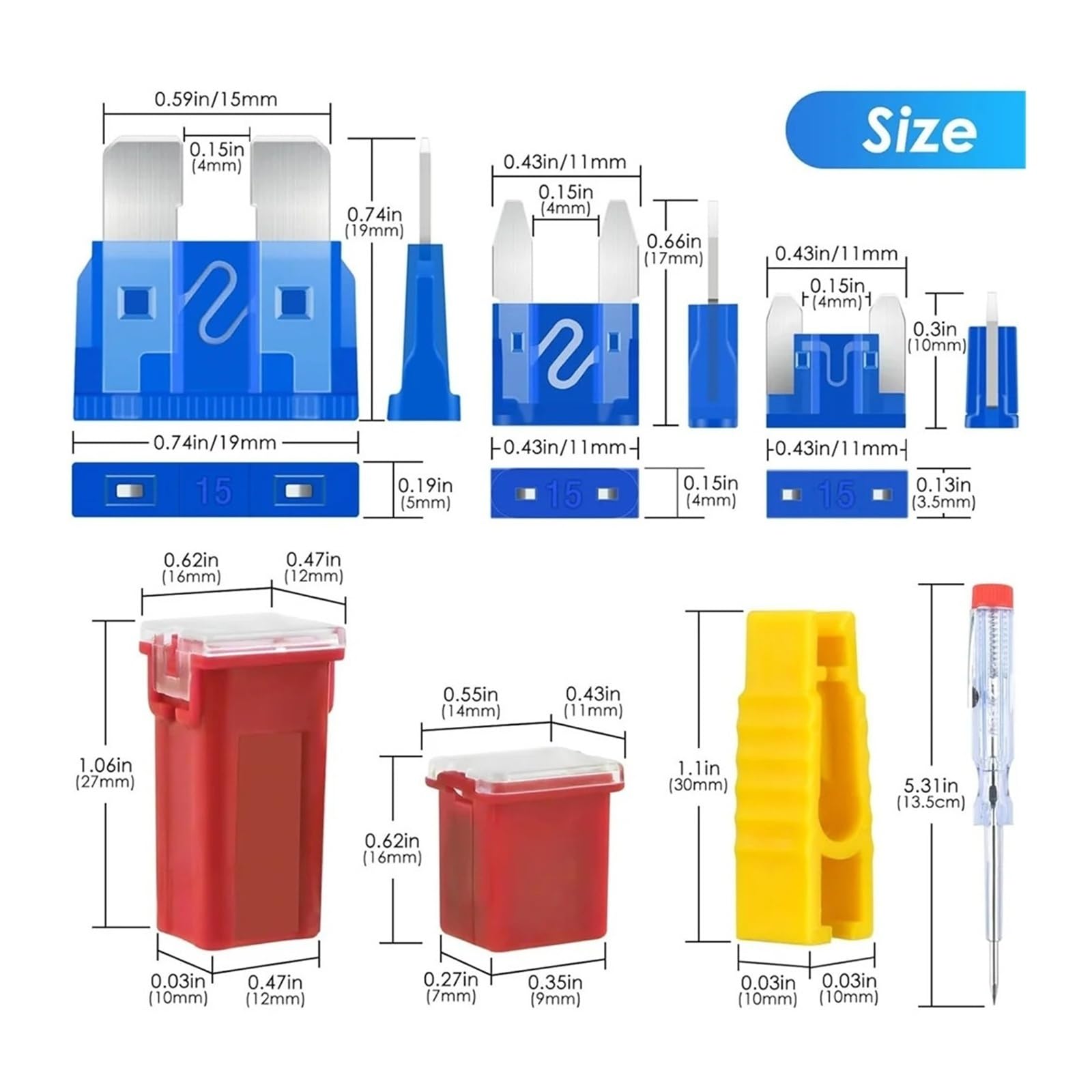 Kit surtido de fusibles 304 piezas estándar+ cuchilla pequeña perfil bajo y alto/STD en forma caja con extractor
