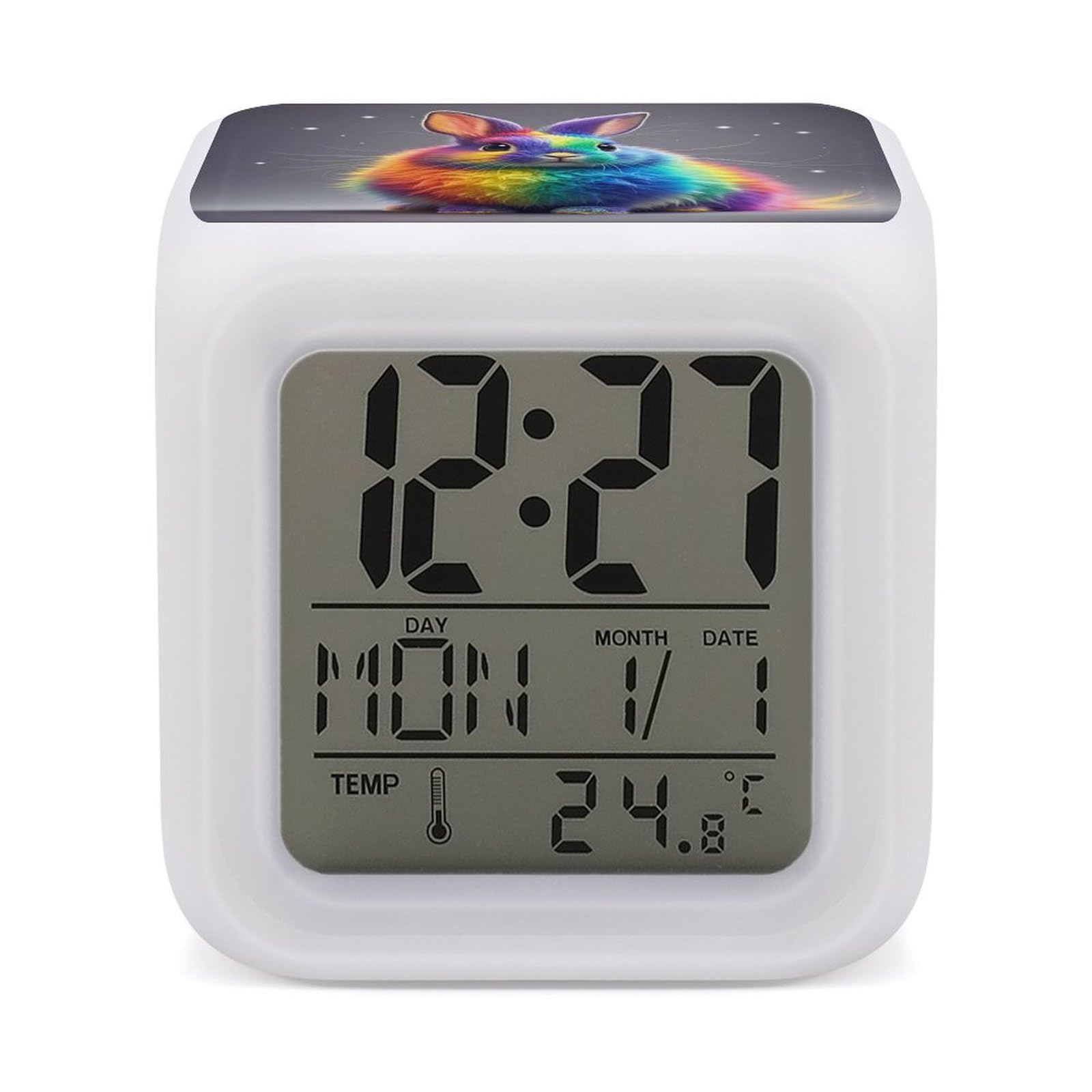 JTREHY 7 Color Changing LED Digital Alarm Clock,Rainbow Rabbit Printed Wake-up Clock with Temperature Display Home Decoration Alarm Clock for Bedroom Office