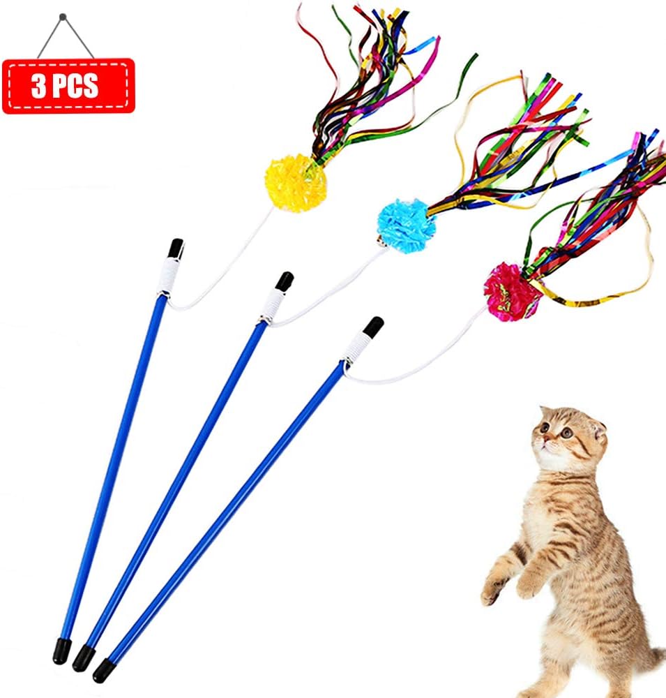 Cat Teaser Wand Interactive Cat Toys Cat Wands with Sound Paper Tassels for Cat Kitten Having Fun Exerciser Playing [3Pcs - Red,Blue,Yellow]