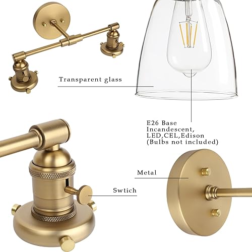 Miniatura 8 de Phansthy Apliques de pared industriales retro de 2 luces, lámpara de tocador de baño, lámpara de pared con doble pantalla de vidrio transparente en