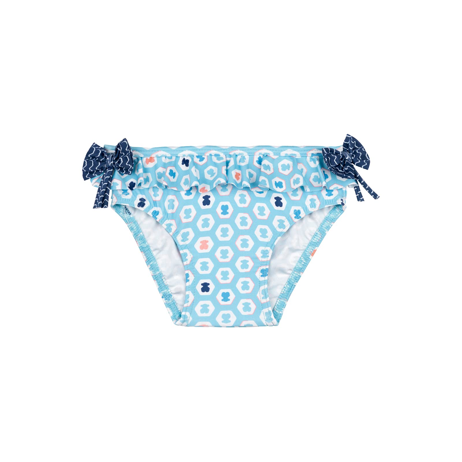 TOUS BABY Bañador culetín con Volantes para Niña. Estampado Exagon. Colores: Coral, Celeste y Verde. (1 Mes a 4 Años)