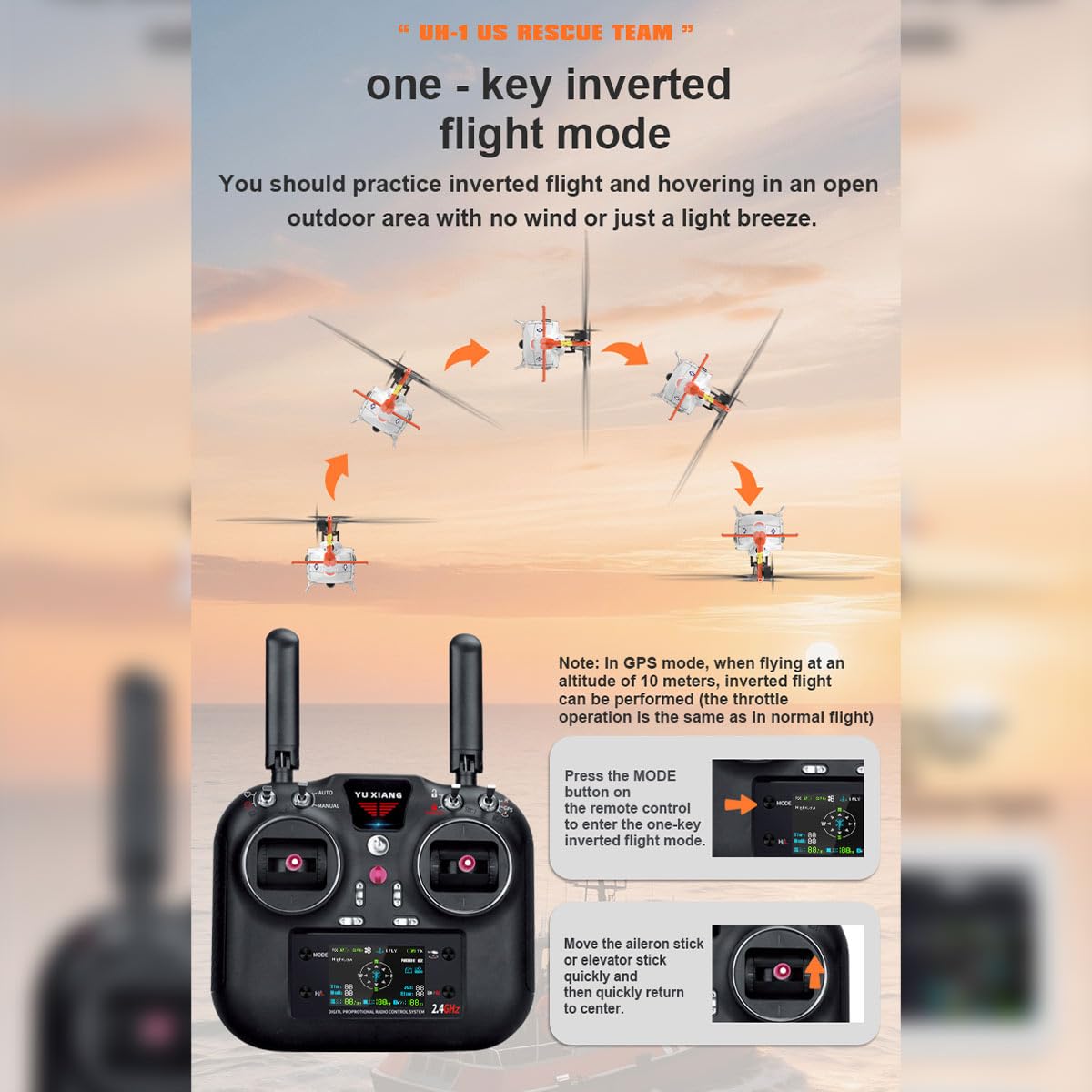 YU XIANG F07S UH-1 Huey RC elicottero, 2.4G 6CH Brushless Direct Drive 6G Flybarless RC elicottero con GPS e mantenimento dell'altitudine, livrea bianca di salvataggio (versione RF)