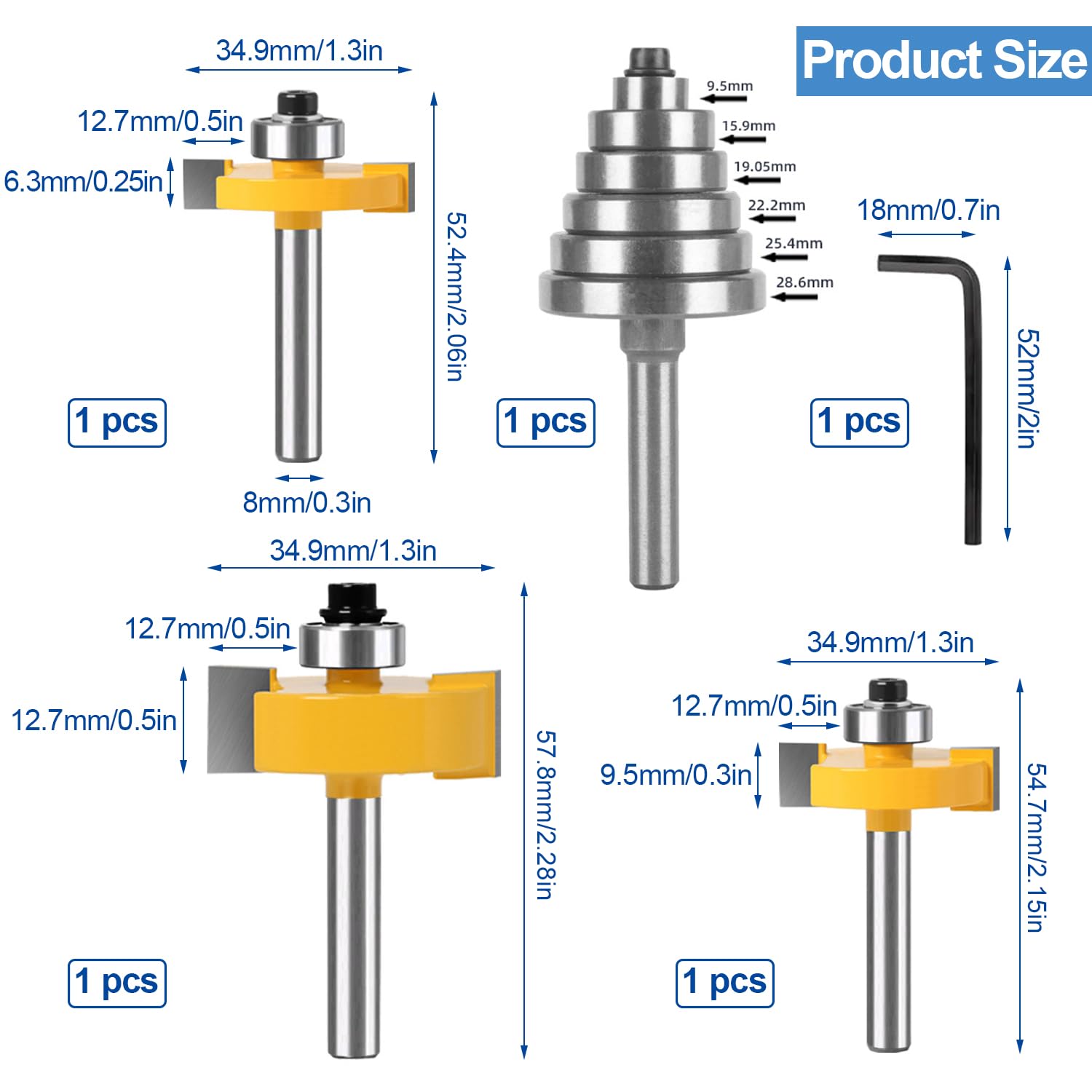 Set Punte Frese per Legno, 3 Pezzi Fresa per Scanalature con 1 Cuscinetti, Frese per Legno a T da 8 mm, Fresa per Spianare Legno, Strumenti per La Lavorazione del Legno (4)