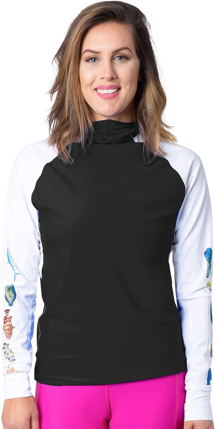 Tuga Women's Snorkel Hooded Rashguard, Caribbean Fish ID, UPF 50+, USA Made