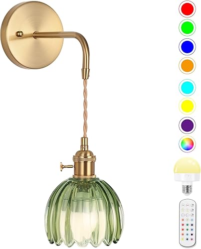 Miniatura 10 de Aplique de Pared Operado por Batería, Apliques de Pared para Interiores no Cableados Apliques de Pared con Pantalla de Vidrio Verde Profundo con RGB