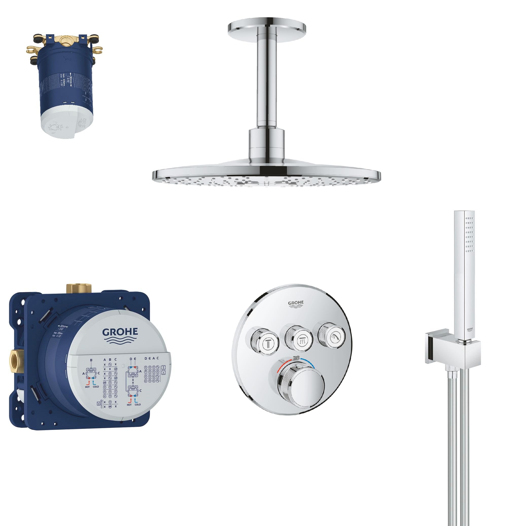 GROHE Grohtherm SmartControl- Set Ducha termostática (Ducha de Techo Redonda 31cm con 2 chorros, termostato Empotrado y teleducha con Soporte), Listo para Instalar, Cromo