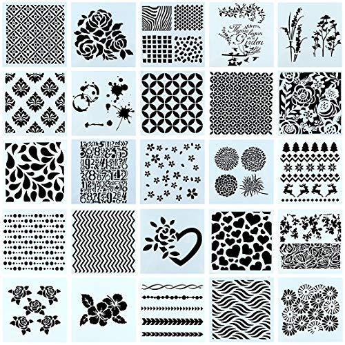 Swpeet 25Pcs Mixed Pattern Hollow Out Painting Stencils Kit, Plastic Planner Stencils Square