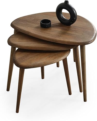 Juego de 3 mesas de centro anidables de madera maciza, mesas modernas de guijarros de mediados de siglo con patas cónicas, muebles de madera para el
