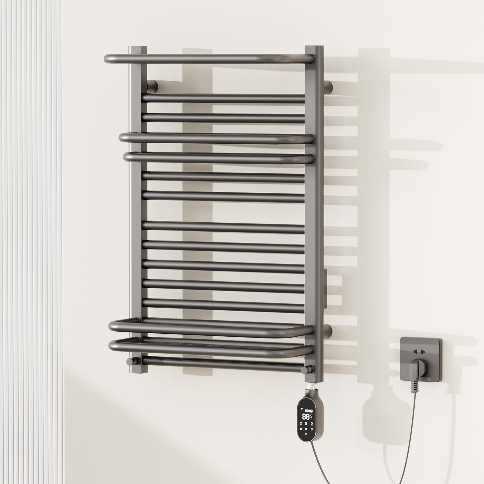 TINS Scaldasalviette Elettrico Termoarredo Bagnocon con Portasciugamani Elettrico Temporizzatori e Termostato Termoarredo Elettrico a Parete-Gun Gray Right||76X50X20.5 cm