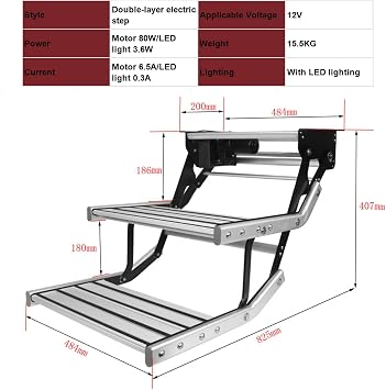 Rv Electric Steps Folding Single/Double Step With Led, 440Lbs/200Kg Capacity, No-Slip Surface, Aluminum Folding Drop Down Steps, Rv Step Stool For Motorhomes, Campers, Caravan.Electric-Double Layer S