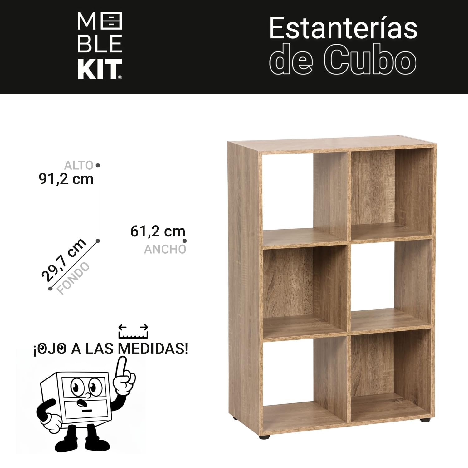 INDE MOBLEKIT | Estantería Cubo 6 Compartimentos 61.2x29.7x91.2 cm, Estantería Modular Roble, Librería Infantil o Mueble Auxiliar Cocina, Mueble de Madera para Almacenaje Hogar