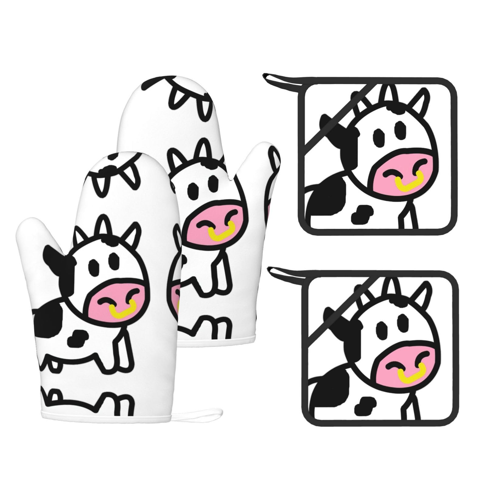 Eeprty Black Cute Cow Printed Kitchen Oven Gloves And Potholder 4 Pcs, Non-Slip Heat Resistant Mitts For Baking Chef