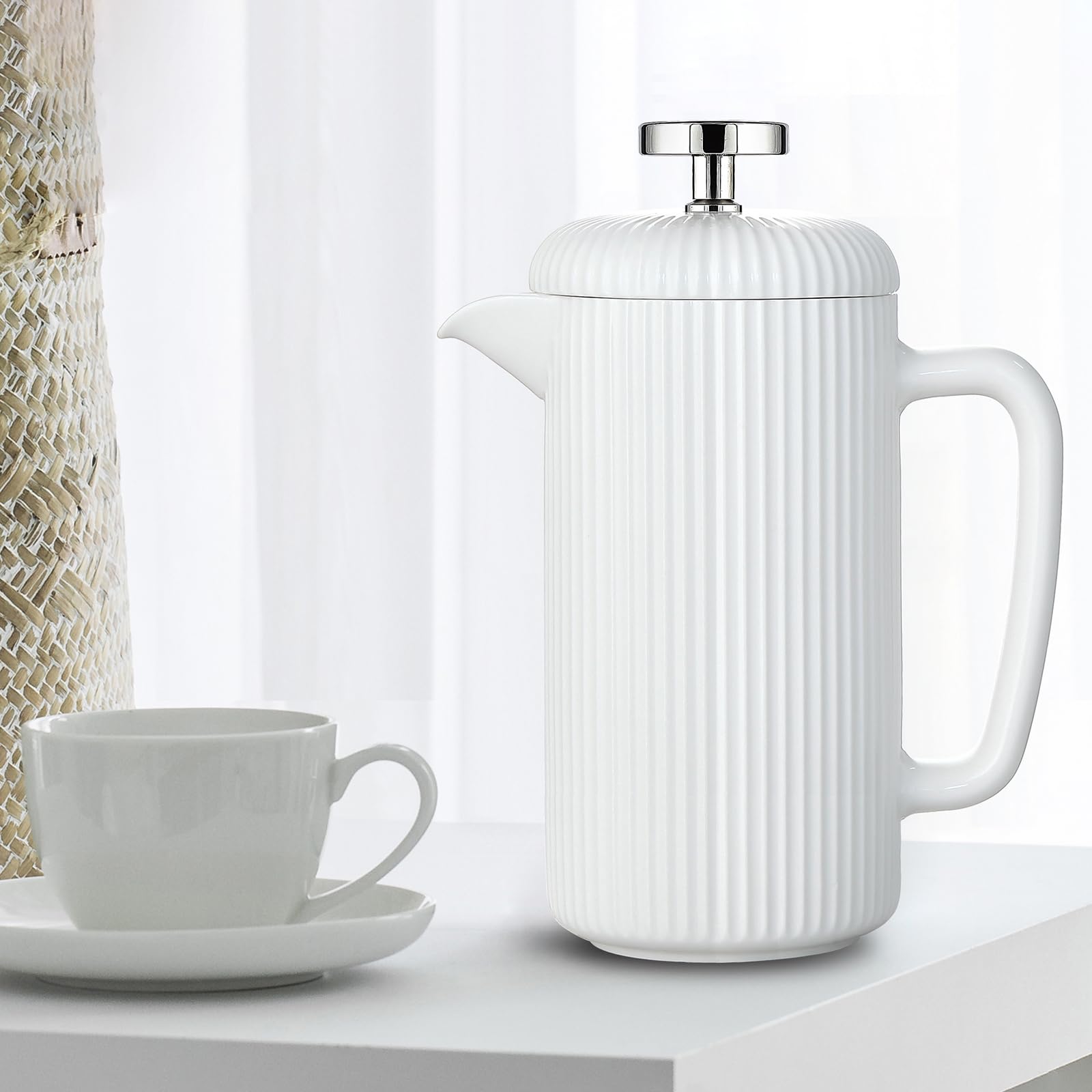 Easyworkz Porzellan-French-Press, 1000ml, Kaffeemaschine mit Edelstahl-Kolben, Elfenbein