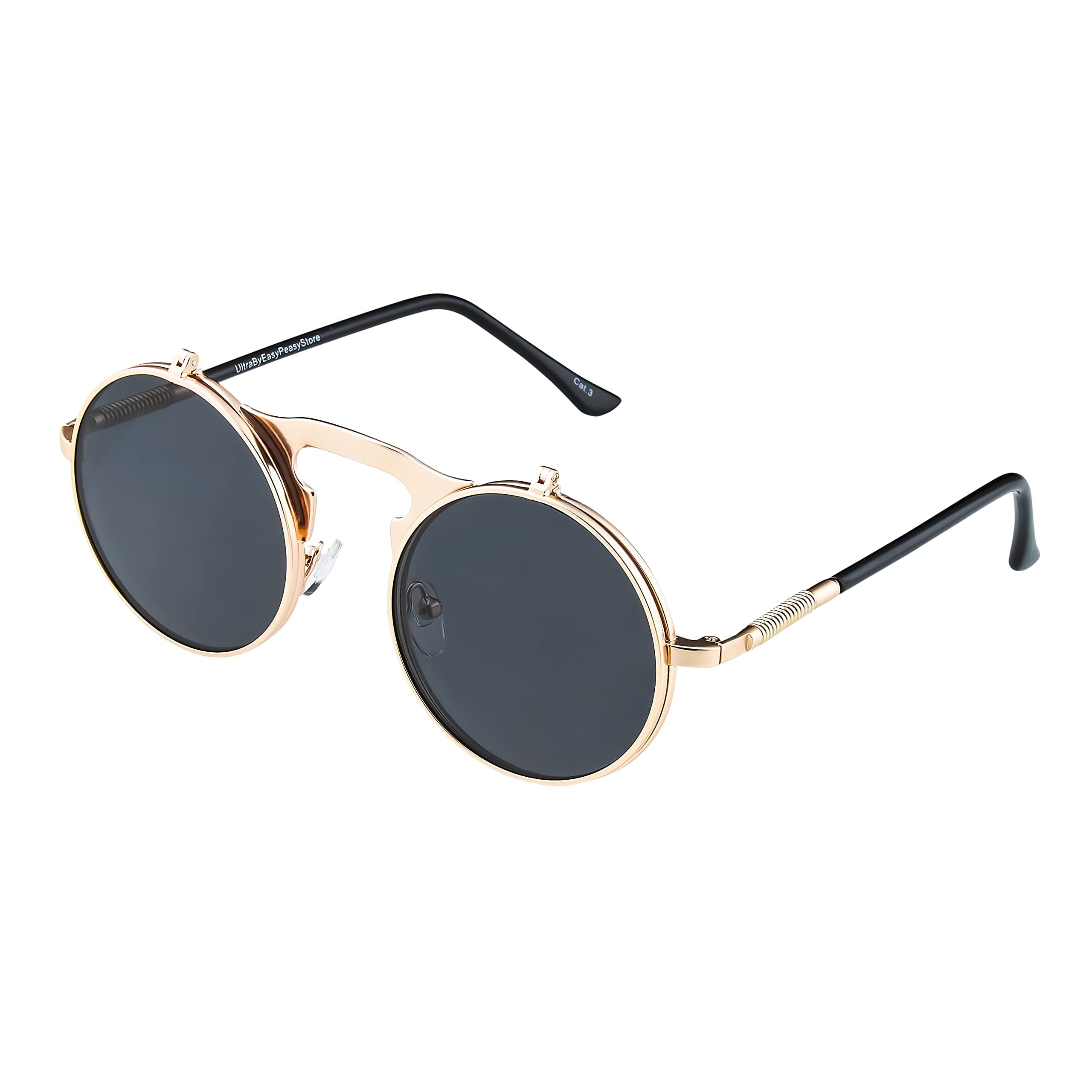 Ultrabyeasypeasystore Unisex Gold With Black Lenses Ultra Flip Up Round Steampunk Sunglasses Steampunk Goggles Retro Mens Womens Uv400 Cyber Gothic Circle Glasses Aesthetic Circle Sunglasses Steampunk Accessories (Gold With Black Lenses)