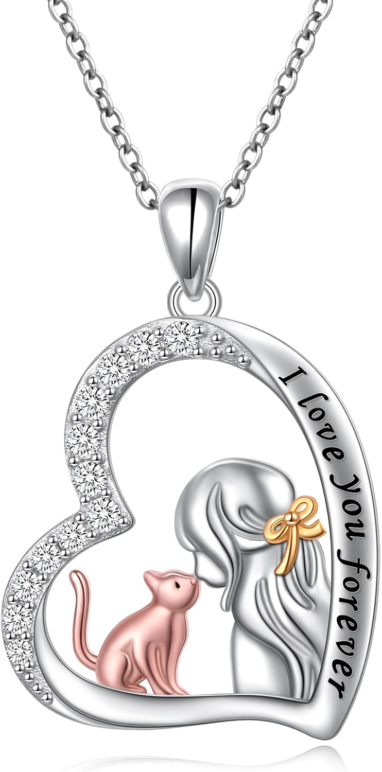 Cat Necklace Gifts 925 Sterling Silver Cat Heart Pendant Necklace Trendy Dainty Charm Jewelry for Women Sister Mom Wife