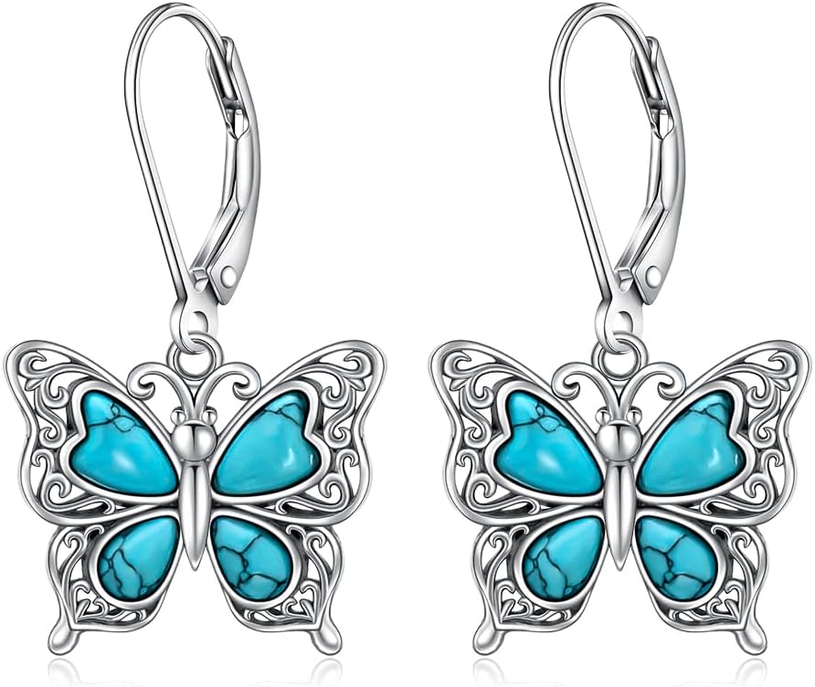 Butterfly Earrings for Women Sterling Silver Turquoise Earrings Filigree Drop Dangle Leverback Turquoise Jewelry Butterfly Gifts