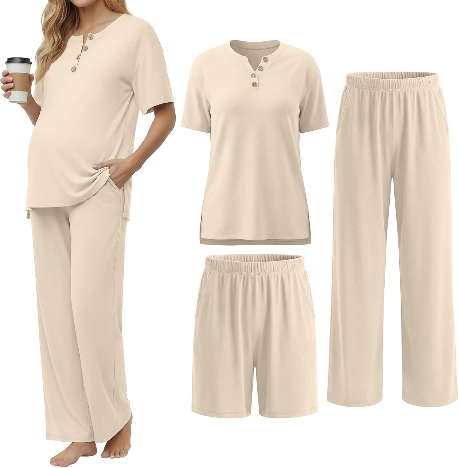 3 Piece Maternity Lounge Set Postpartum Pajamas Outfits Pregnancy Clothes Short Sleeve T-Shirt Shorts Pants Pockets