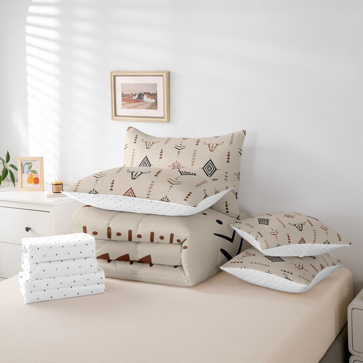 Erosebridal Bohemian 7 Pcs Bedding Set Queen Aztec Bull Skull Comforter Set Aesthetic Art Native Bed in a Bag Sheet Set Retro Minimalist Symbol Bed Sets Abstract Horns Beige Brown Comforter