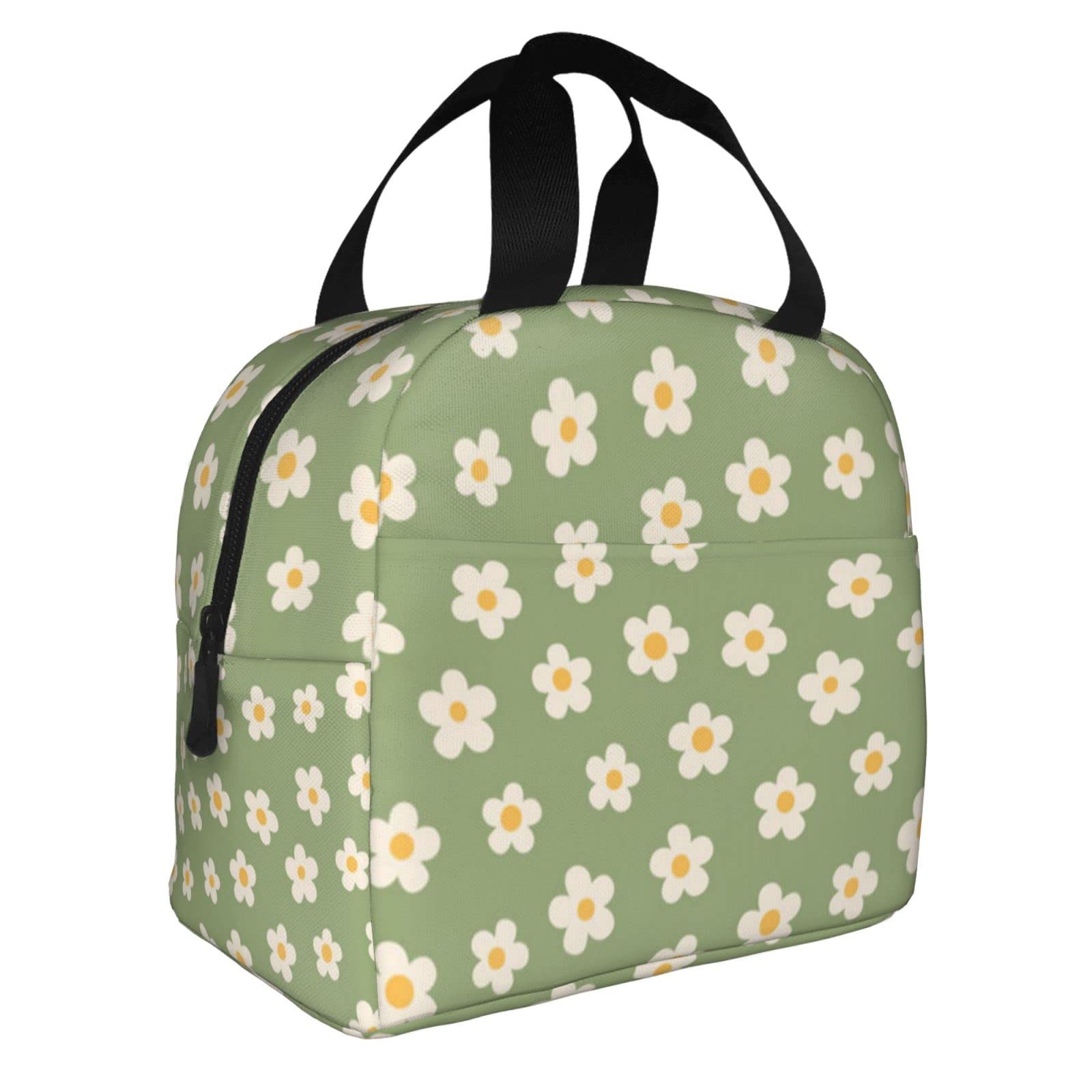 weecool Green Daisy Flower Lunch Bag for Women Men, Cute Daisy Floral Insulated Lunch Box Container with Frond Pocket for Work Picnic Travel