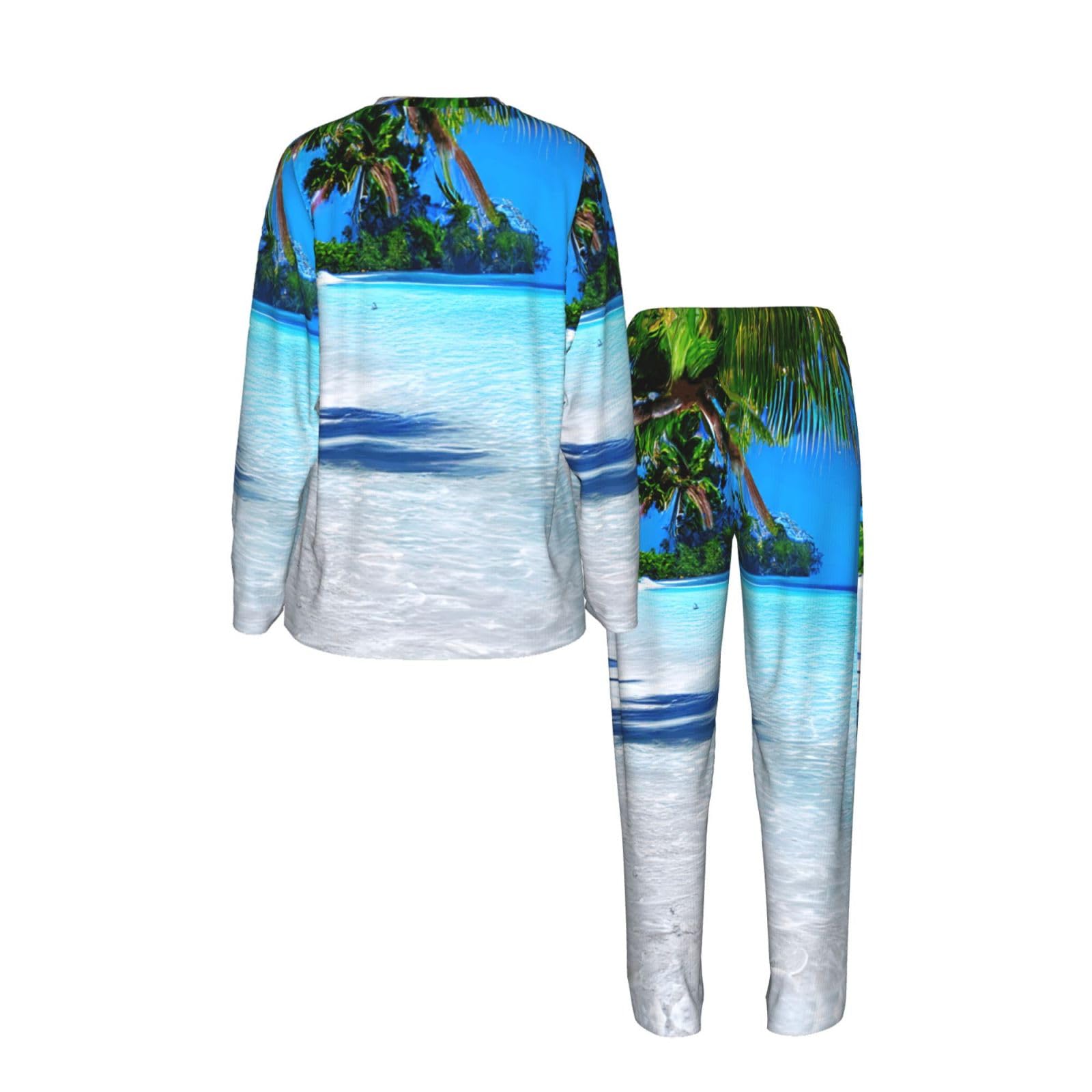 Pigiama da donna a maniche lunghe con stampa tropicale di sabbia bianca spiaggia e oceano morbido pigiama da spiaggia vacanza da notte regalo casual