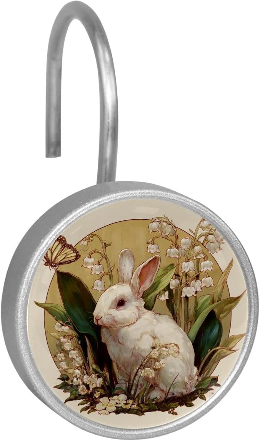 Bunny with Valley Butterfly (1) Rolling Shower Curtain Hooks,Clear Crystal Glass Art Decorative Stainless Bath Bathroom Set 12 Pcs