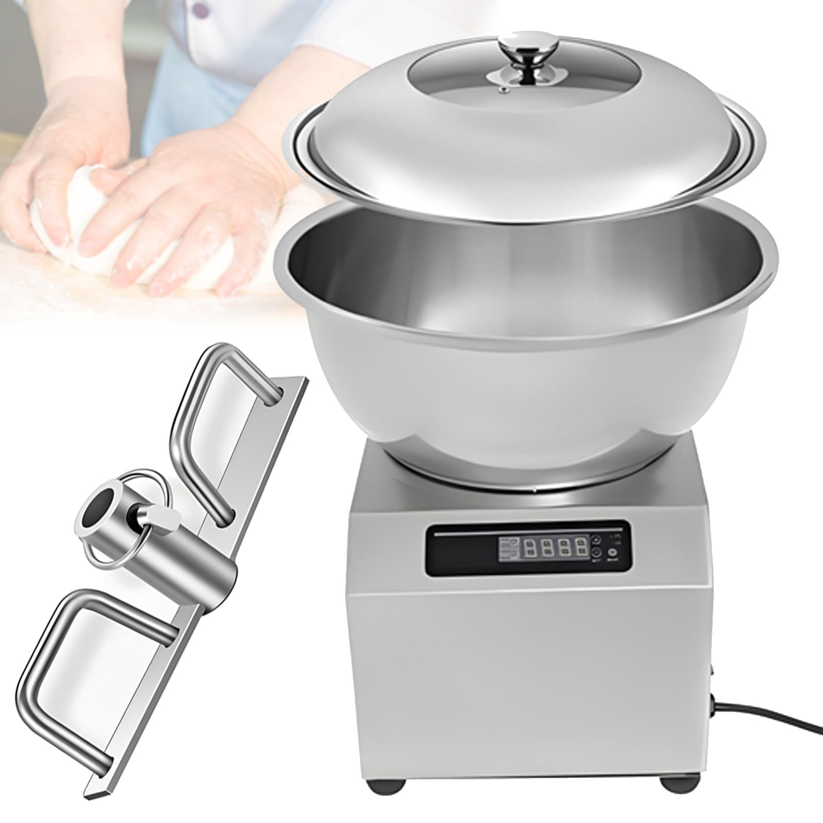 Pétrin avec couvercle transparent et minuterie 30 minutes, bol en acier inoxydable 5 kg/8 kg, pétrin automatique professionnel, nettoyage facile(8kg)