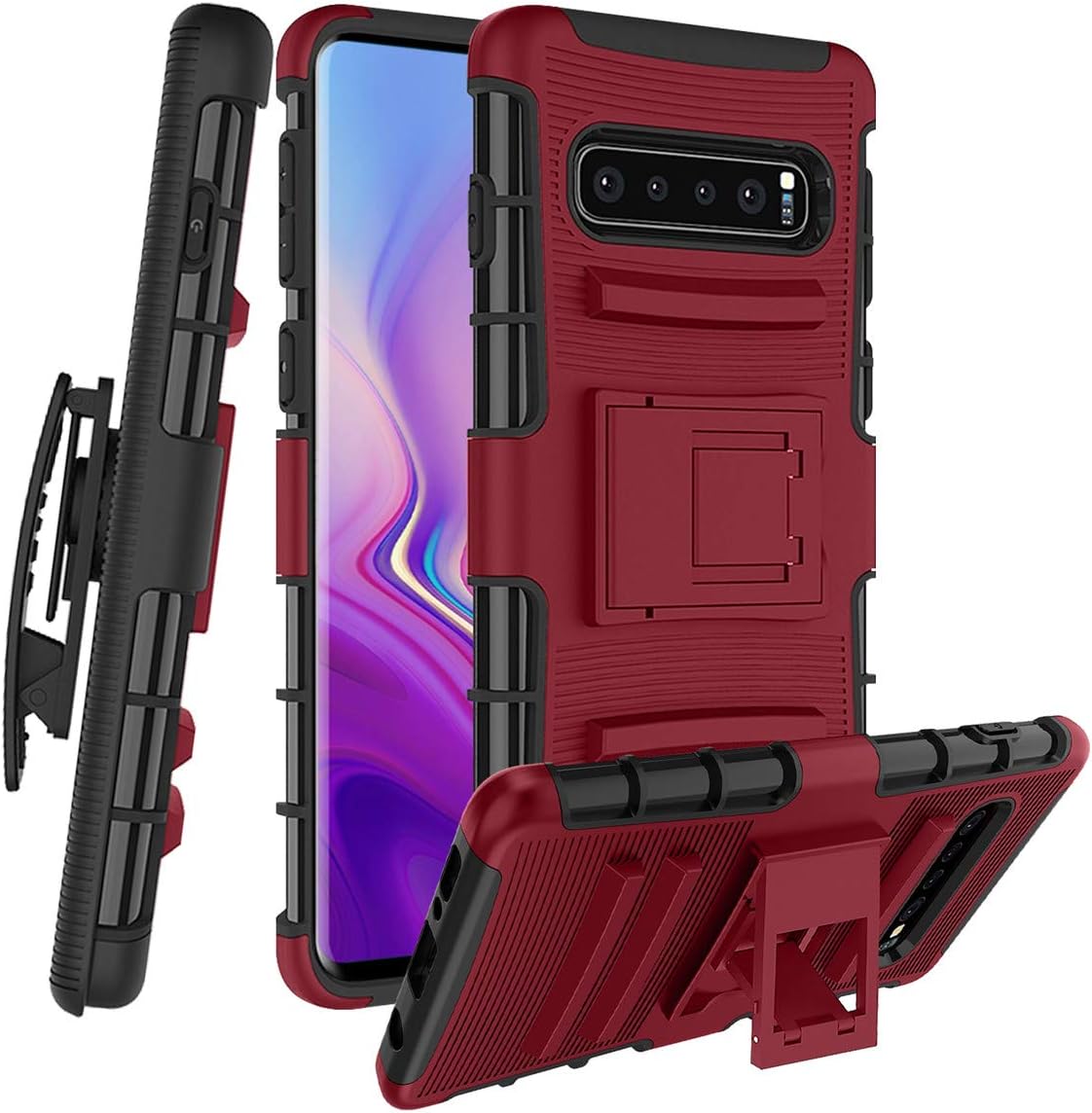 for Samsung Galaxy S10 Plus/ Galaxy S10+ Case W [Built-in Kickstand] Rotatable Combo Holster Phone Belt Clip Shock Absorption Heavy Duty Protective case, PC-Red